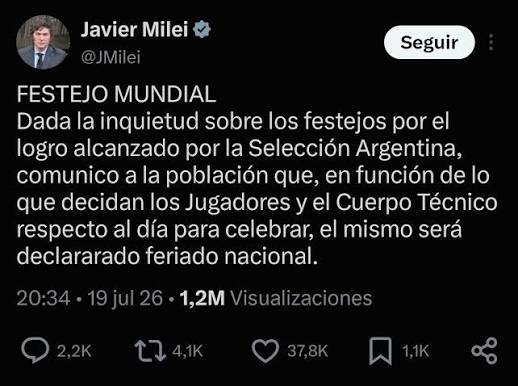 Tras el MundialMilei anunció un feriado para recibir a la Selección